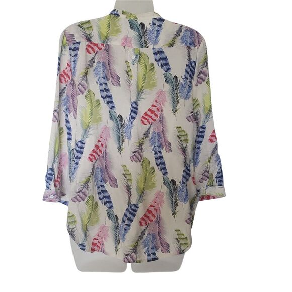 Depri Feather Novelty Print Blouse Size L Multi-colored Mandarin Neck 3/4 Sleeve - Picture 4 of 8
